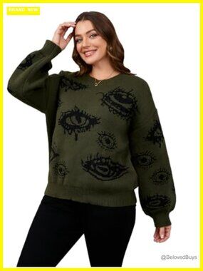 Plus Size Punk Eye Print Oversized Long Sleeve Pullover Sweater Top